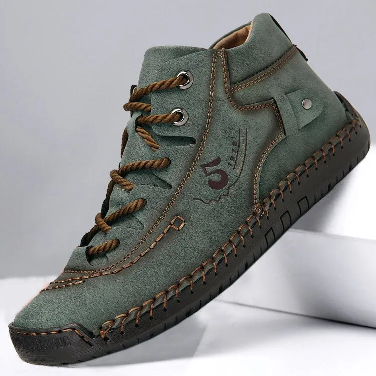 Aliders Men's Hand Stitching Vintage Microfiber Leather Lace Up Comfy Soft Ankle Boots