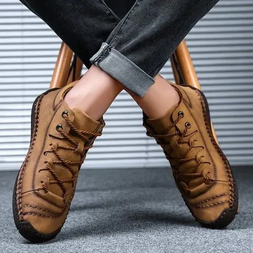 Aliders Men's Hand Stitching Vintage Microfiber Leather Lace Up Comfy Soft Ankle Boots