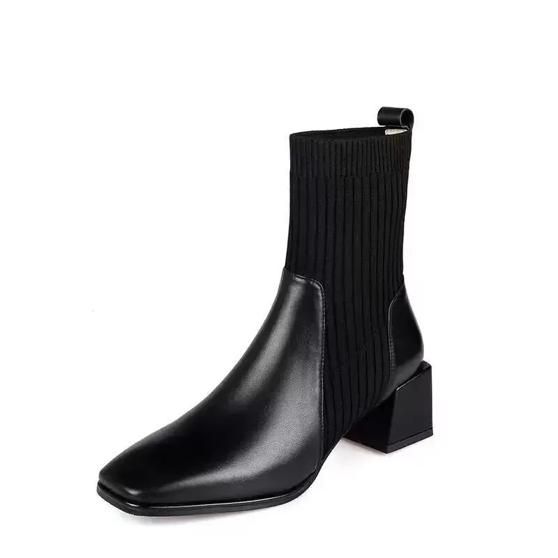 Amozae-2023 Autumn Winter Ankle Socks Shoes Plush Women Boots Size 42 43 Knitted Short Boots Square Toe Retro High Heels Botas De Mujer