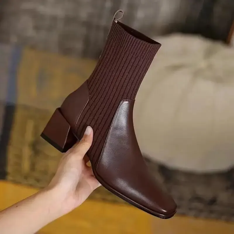 Amozae-2023 Autumn Winter Ankle Socks Shoes Plush Women Boots Size 42 43 Knitted Short Boots Square Toe Retro High Heels Botas De Mujer