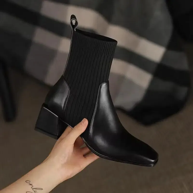 Amozae-2023 Autumn Winter Ankle Socks Shoes Plush Women Boots Size 42 43 Knitted Short Boots Square Toe Retro High Heels Botas De Mujer