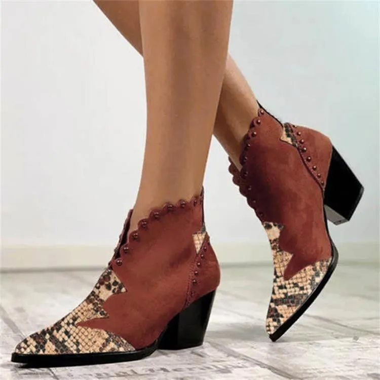 Amozae- Female Autumn Winter Rivet Leather Cowboy Ankle Boots Women Wedge High Heel Booties Snake Print Botas Mujer