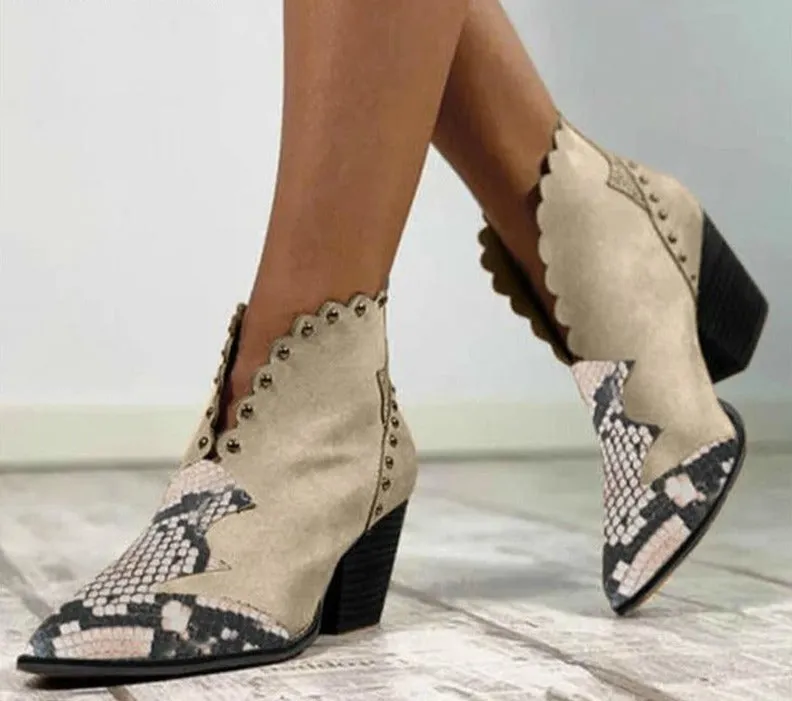 Amozae- Female Autumn Winter Rivet Leather Cowboy Ankle Boots Women Wedge High Heel Booties Snake Print Botas Mujer