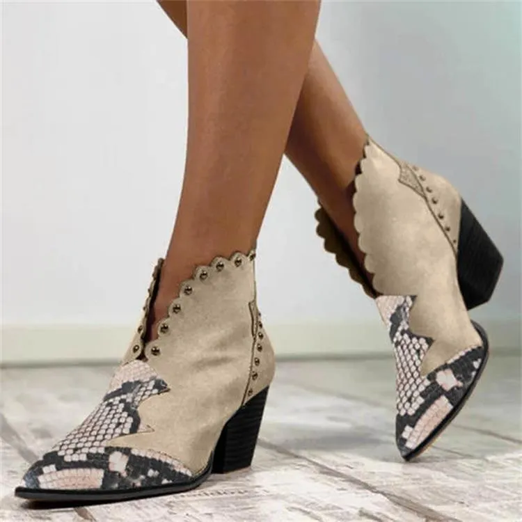 Amozae- Female Autumn Winter Rivet Leather Cowboy Ankle Boots Women Wedge High Heel Booties Snake Print Botas Mujer