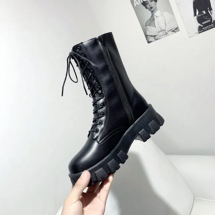 Amozae- Spring Women White Boots Autumn Fashion Black Leather Platform Gothic Boots Punk Combat Mid-Calf Boots for Women