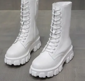 Amozae- Spring Women White Boots Autumn Fashion Black Leather Platform Gothic Boots Punk Combat Mid-Calf Boots for Women