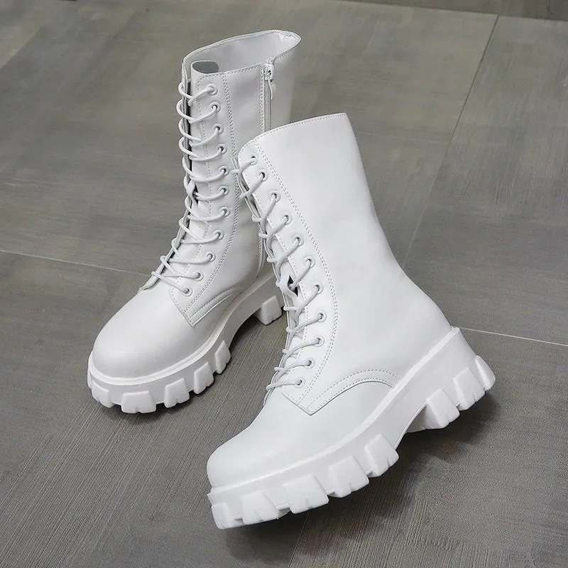 Amozae- Spring Women White Boots Autumn Fashion Black Leather Platform Gothic Boots Punk Combat Mid-Calf Boots for Women