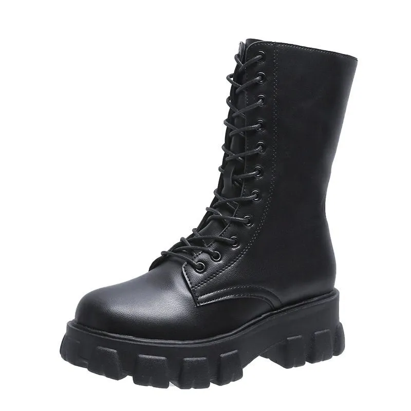 Amozae- Spring Women White Boots Autumn Fashion Black Leather Platform Gothic Boots Punk Combat Mid-Calf Boots for Women