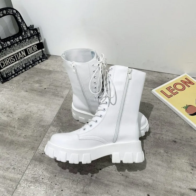 Amozae- Spring Women White Boots Autumn Fashion Black Leather Platform Gothic Boots Punk Combat Mid-Calf Boots for Women
