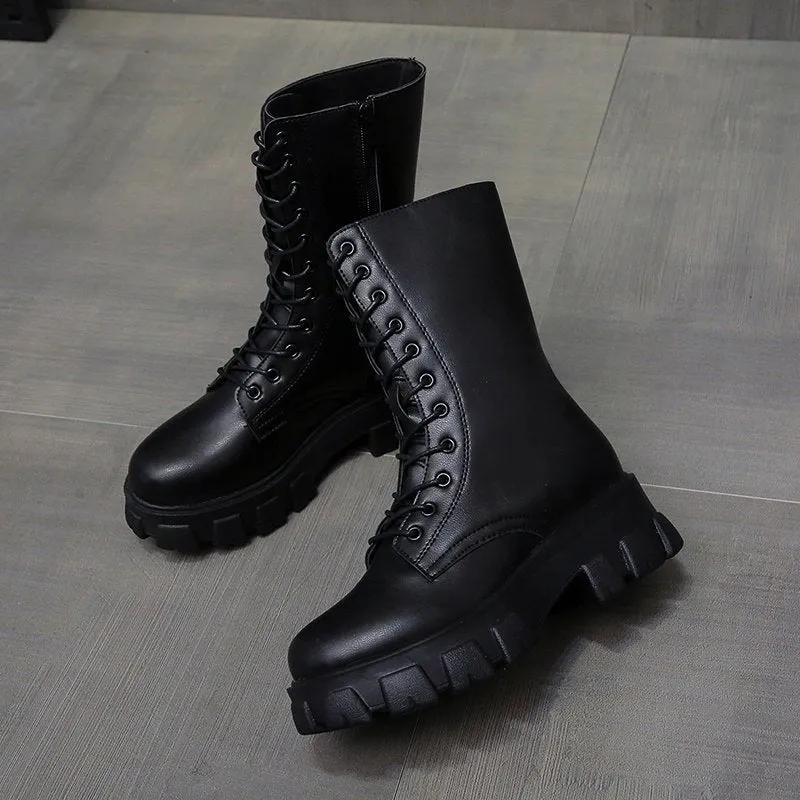 Amozae- Spring Women White Boots Autumn Fashion Black Leather Platform Gothic Boots Punk Combat Mid-Calf Boots for Women