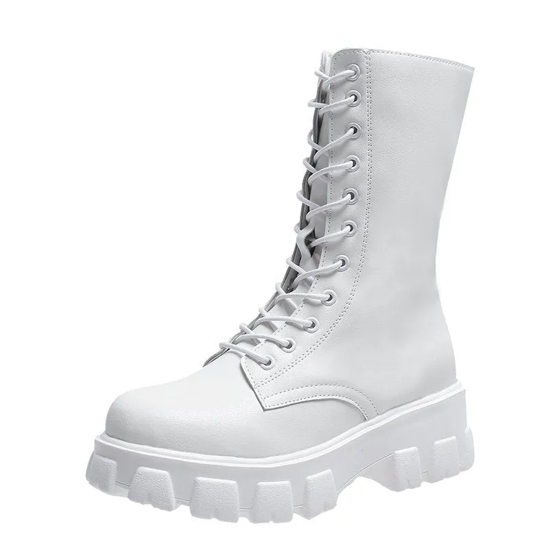 Amozae- Spring Women White Boots Autumn Fashion Black Leather Platform Gothic Boots Punk Combat Mid-Calf Boots for Women
