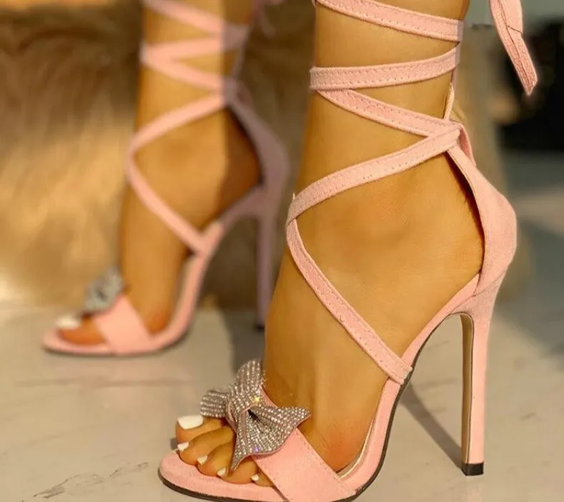 Amozae- Women Wedding Pumps Bling Bow Crisscross Lace Up Thin Heeled Sandals Gem-studded Single Strap Bandage Open Toe High Sandals