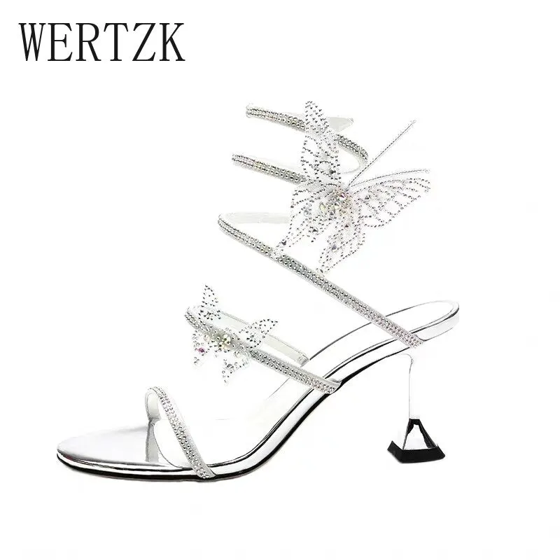 Amozae-Women's Butterfly Narrow Band Sandals Woman Summer round Toe High Heels Women Buckle Pumps Ladies Female Party Shoes