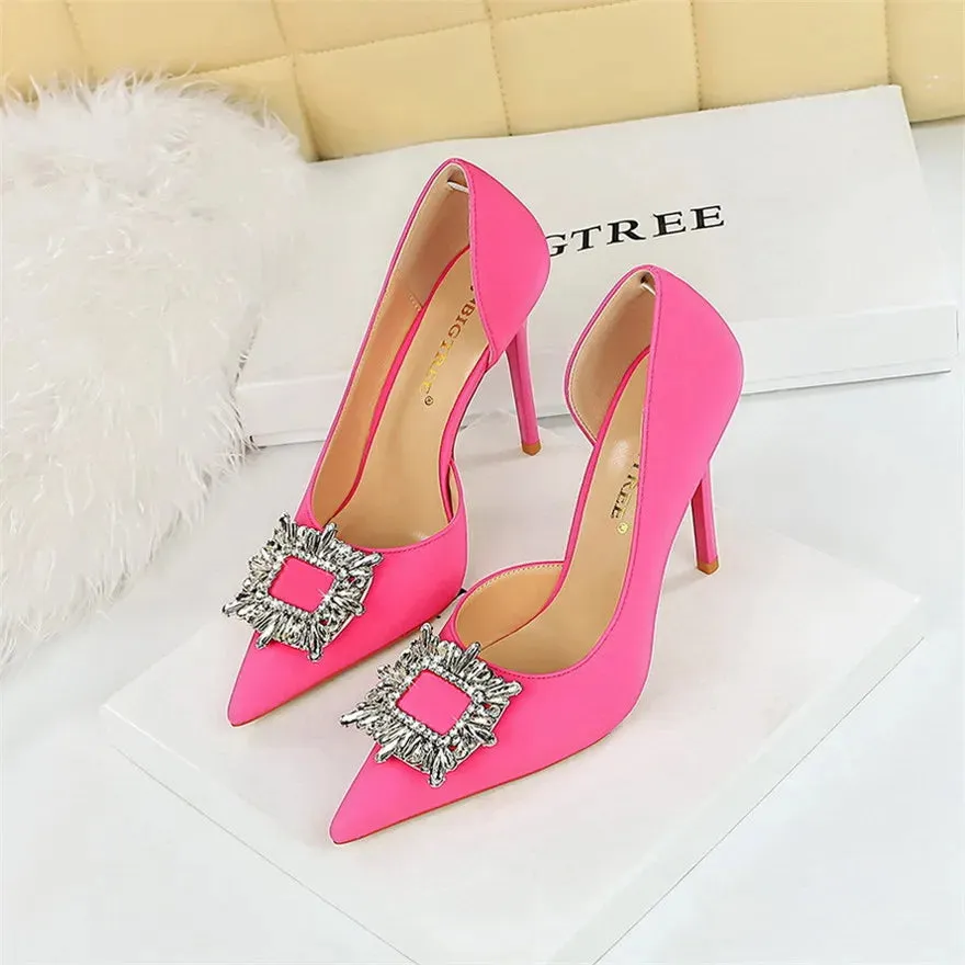 BIGTREE Blue Black Fashion Crystal Square Buckle Women Pumps