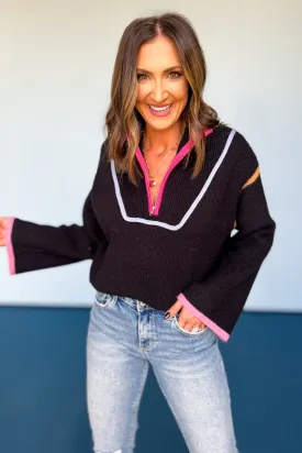Black Knit Contrast Multi Trim Detail Quarter Zip Sweater