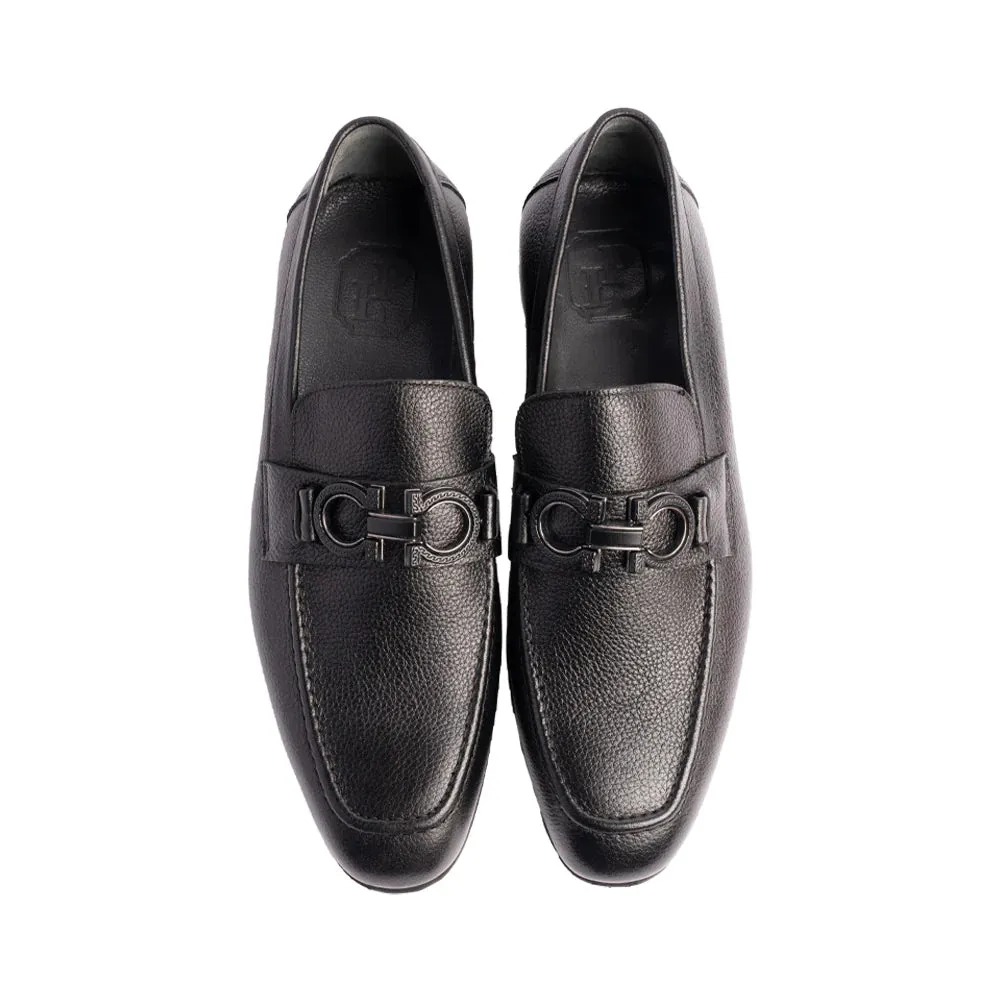Black Men's Italian Leather Slip-On Shoes Chello Buckle Loafer P00071