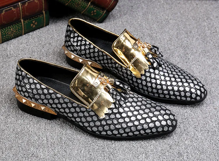 British Handmade Tassel Men Leather Loafers Gold Silver Rivet Party Dress Shoes Men Slip on Casual Shoes Big Size