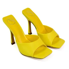Carla Strappy Square Toe Stiletto High Heels Mule Sandals in Yellow