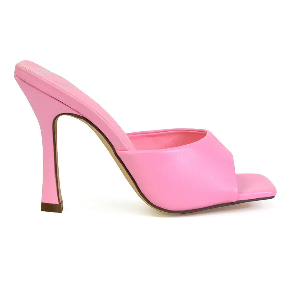 Carla Strappy Square Toe Stiletto High Heels Mule Sandals in Yellow