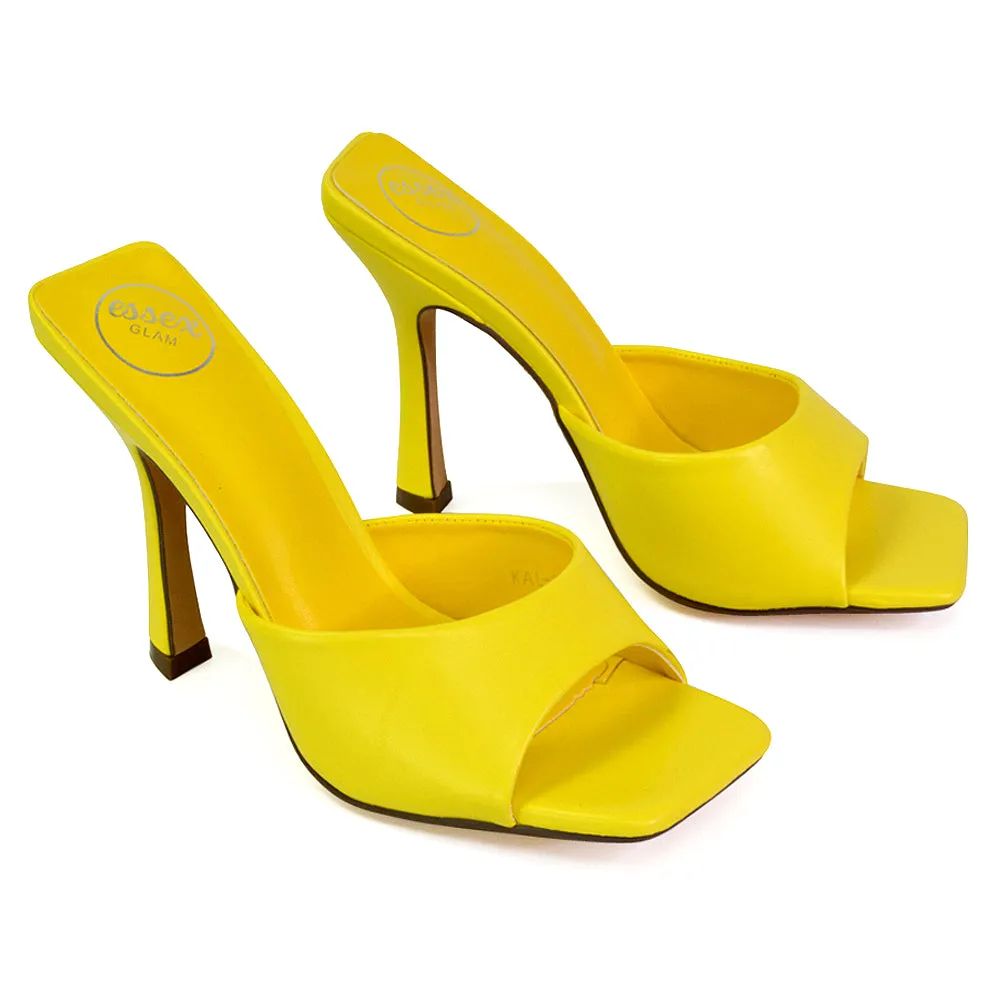 Carla Strappy Square Toe Stiletto High Heels Mule Sandals in Yellow