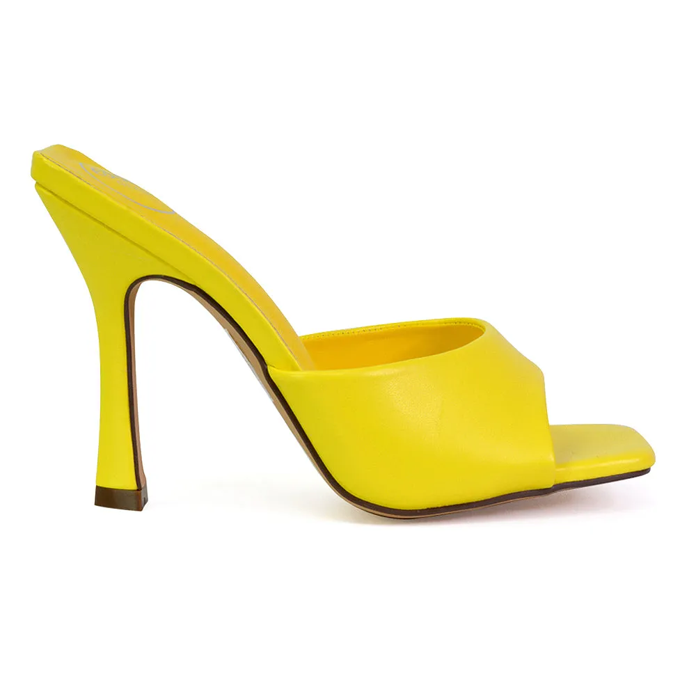 Carla Strappy Square Toe Stiletto High Heels Mule Sandals in Yellow