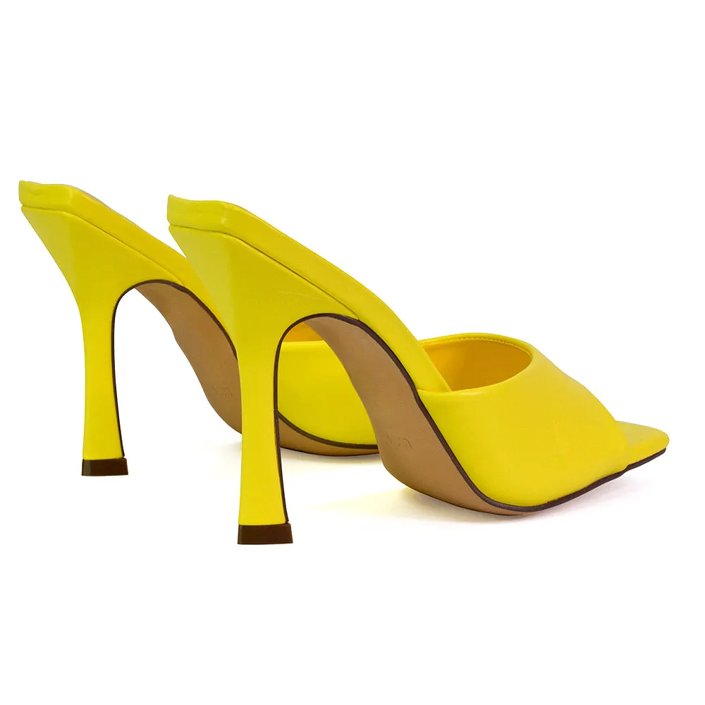 Carla Strappy Square Toe Stiletto High Heels Mule Sandals in Yellow