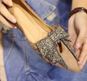 crystal bow-knot moccasins pointed toe flock loafers