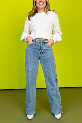Denim Mid Rise 90's Straight Side Snap Button Slit Jeans
