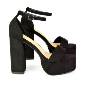 DOTTY CHUNKY BLOCK HIGH HEEL ANKLE STRAP PLATFORM SHOES IN BLACK FAUX SUEDE