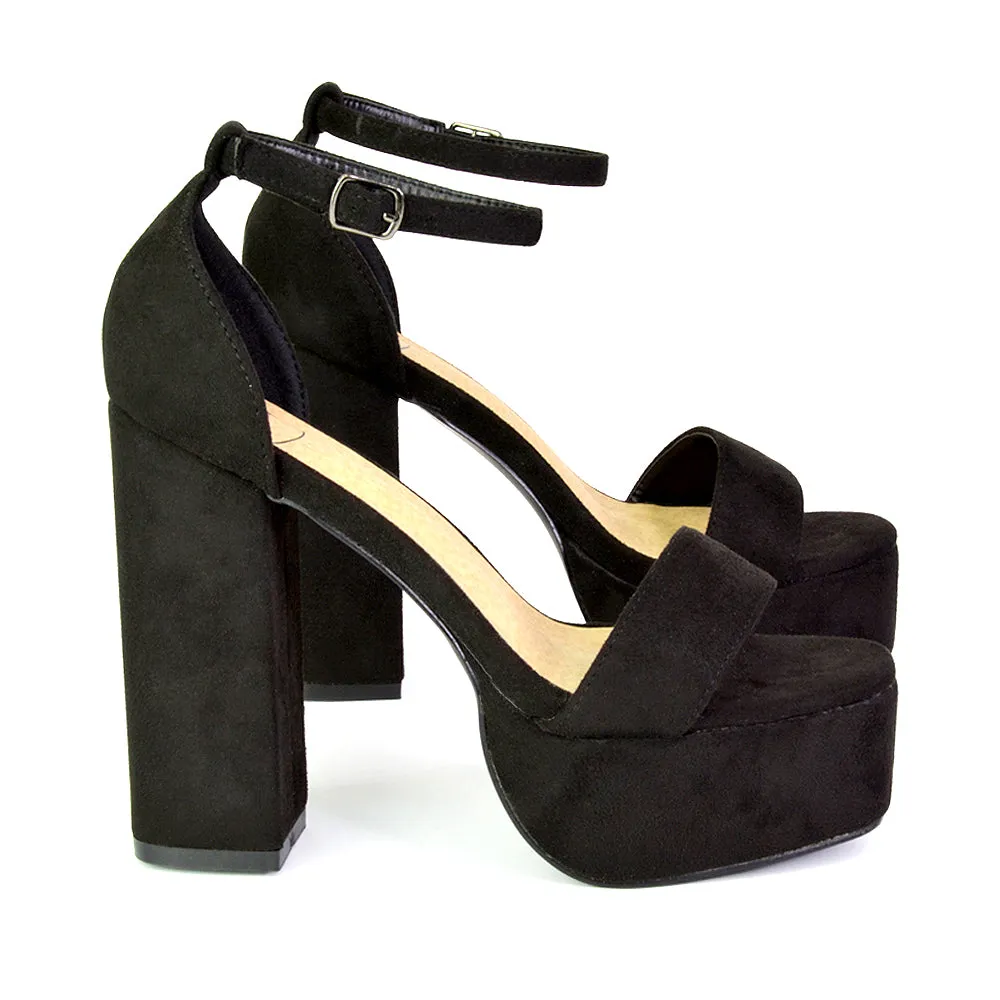 DOTTY CHUNKY BLOCK HIGH HEEL ANKLE STRAP PLATFORM SHOES IN BLACK FAUX SUEDE