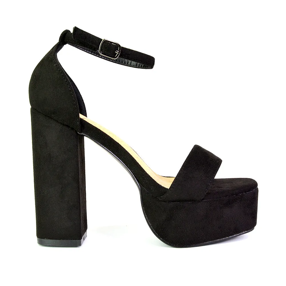 DOTTY CHUNKY BLOCK HIGH HEEL ANKLE STRAP PLATFORM SHOES IN BLACK FAUX SUEDE