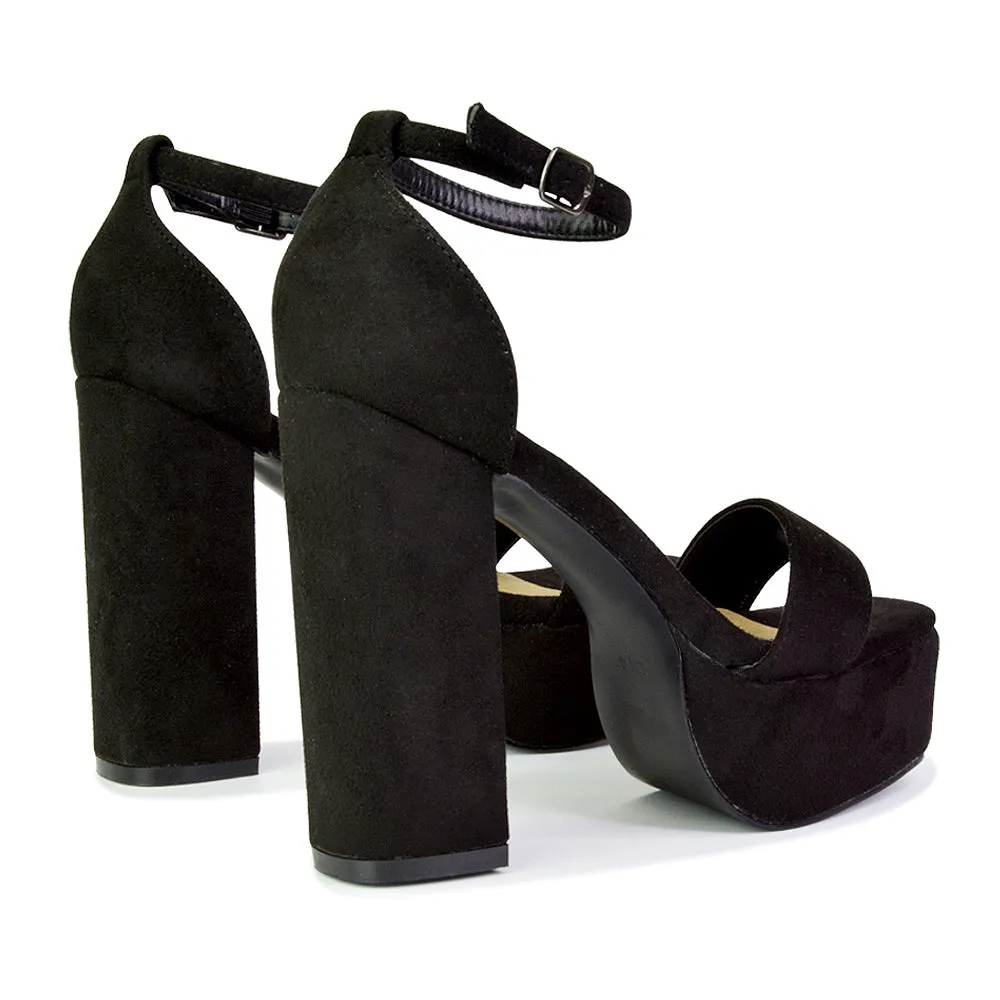 DOTTY CHUNKY BLOCK HIGH HEEL ANKLE STRAP PLATFORM SHOES IN BLACK FAUX SUEDE