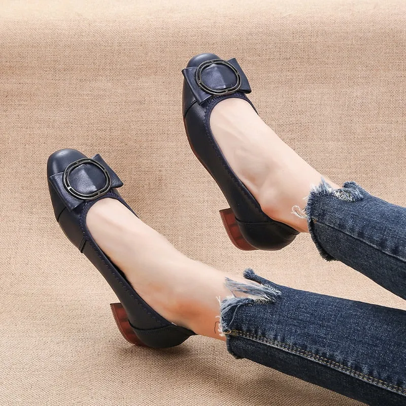 Elegant Cow Leather Women's Slip-On Shoes with Low Square Heel