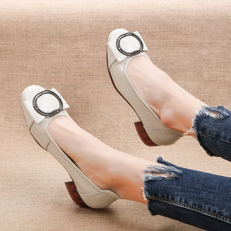 Elegant Cow Leather Women's Slip-On Shoes with Low Square Heel
