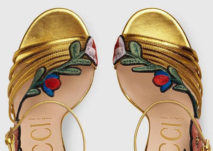 Embroidered Metallic Leather Mid Heel Sandals