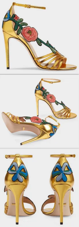 Embroidered Metallic Leather Mid Heel Sandals