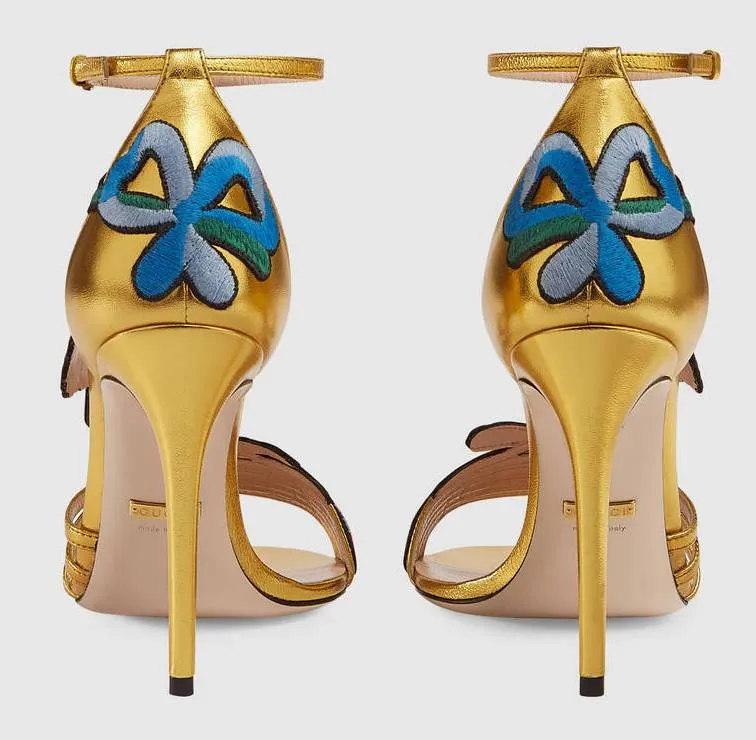Embroidered Metallic Leather Mid Heel Sandals
