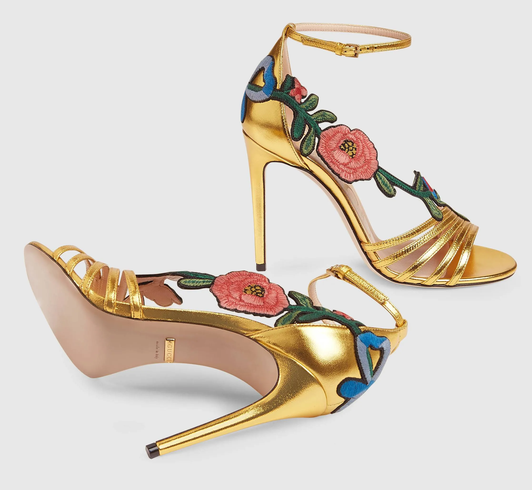 Embroidered Metallic Leather Mid Heel Sandals