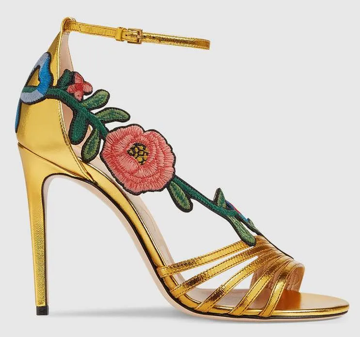 Embroidered Metallic Leather Mid Heel Sandals