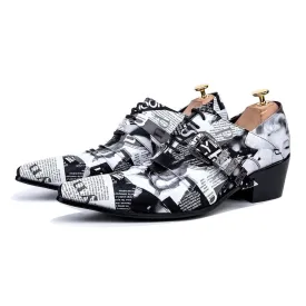 Fashion Newspaper Print Men Oxford Shoes Buckle Pointed Toe Men Brogue Shoes Wedding Dress Shoes Big Size