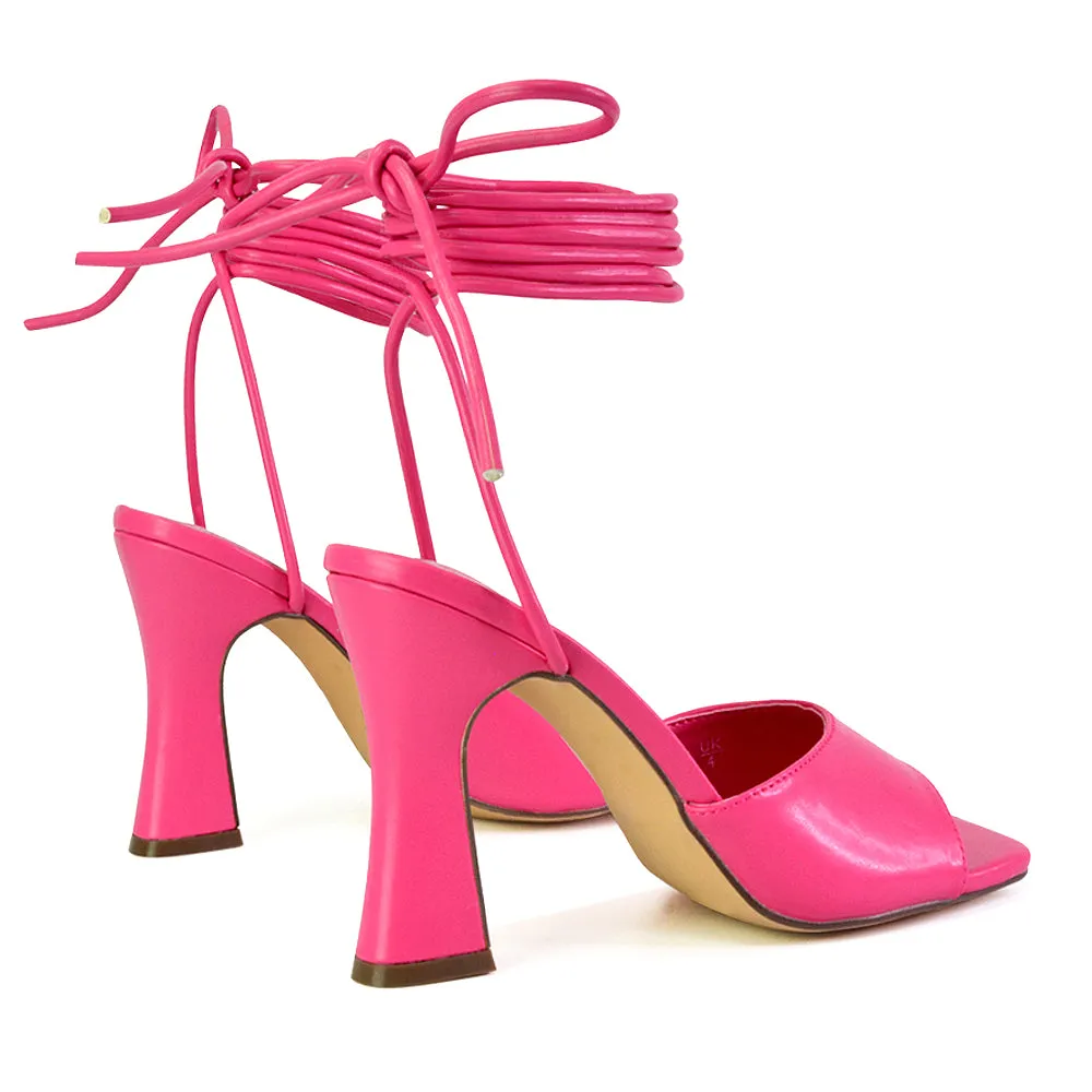 Flora Strappy Lace Up Block High Heels With a Square Toe in White
