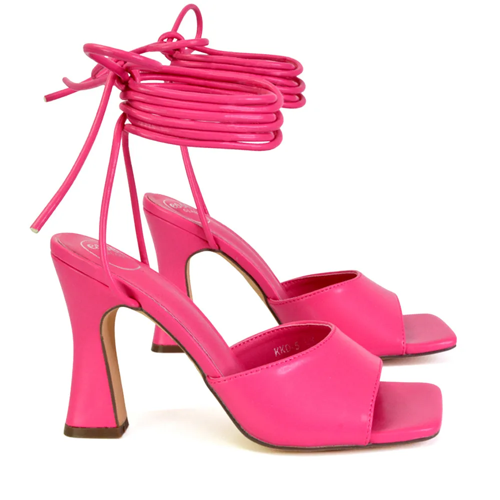 Flora Strappy Lace Up Block High Heels With a Square Toe in White