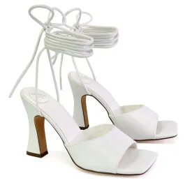 Flora Strappy Lace Up Block High Heels With a Square Toe in White