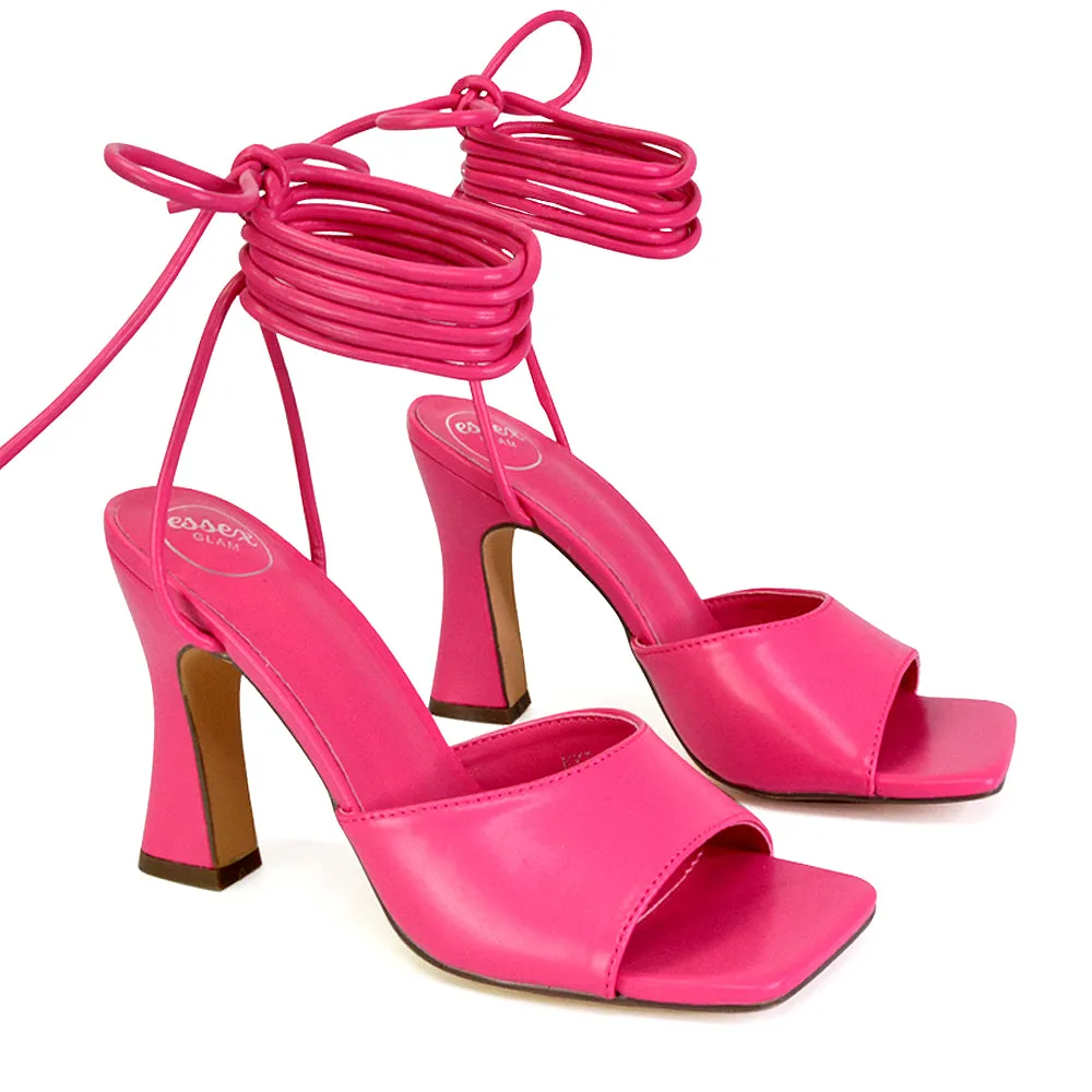 Flora Strappy Lace Up Block High Heels With a Square Toe in White