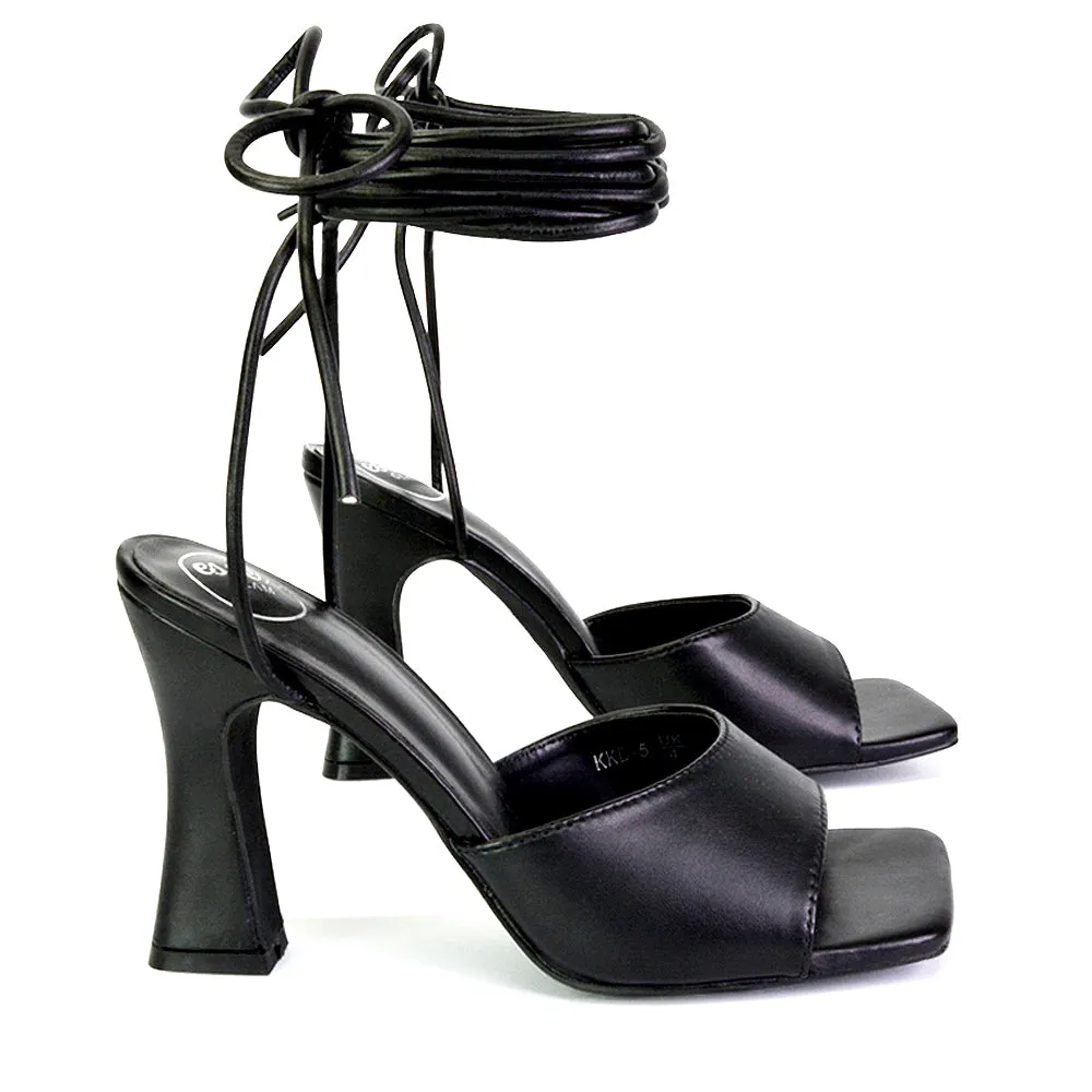 Flora Strappy Lace Up Block High Heels With a Square Toe in White
