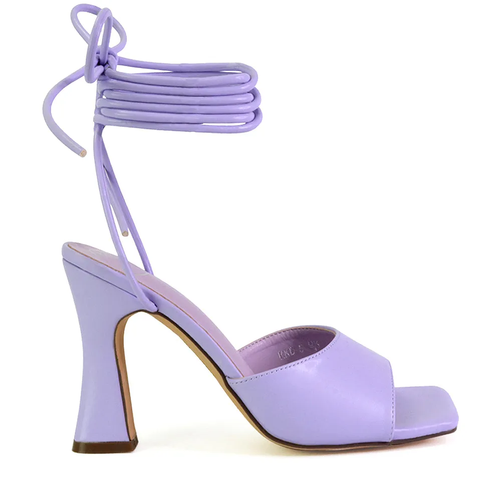 Flora Strappy Lace Up Block High Heels With a Square Toe in White
