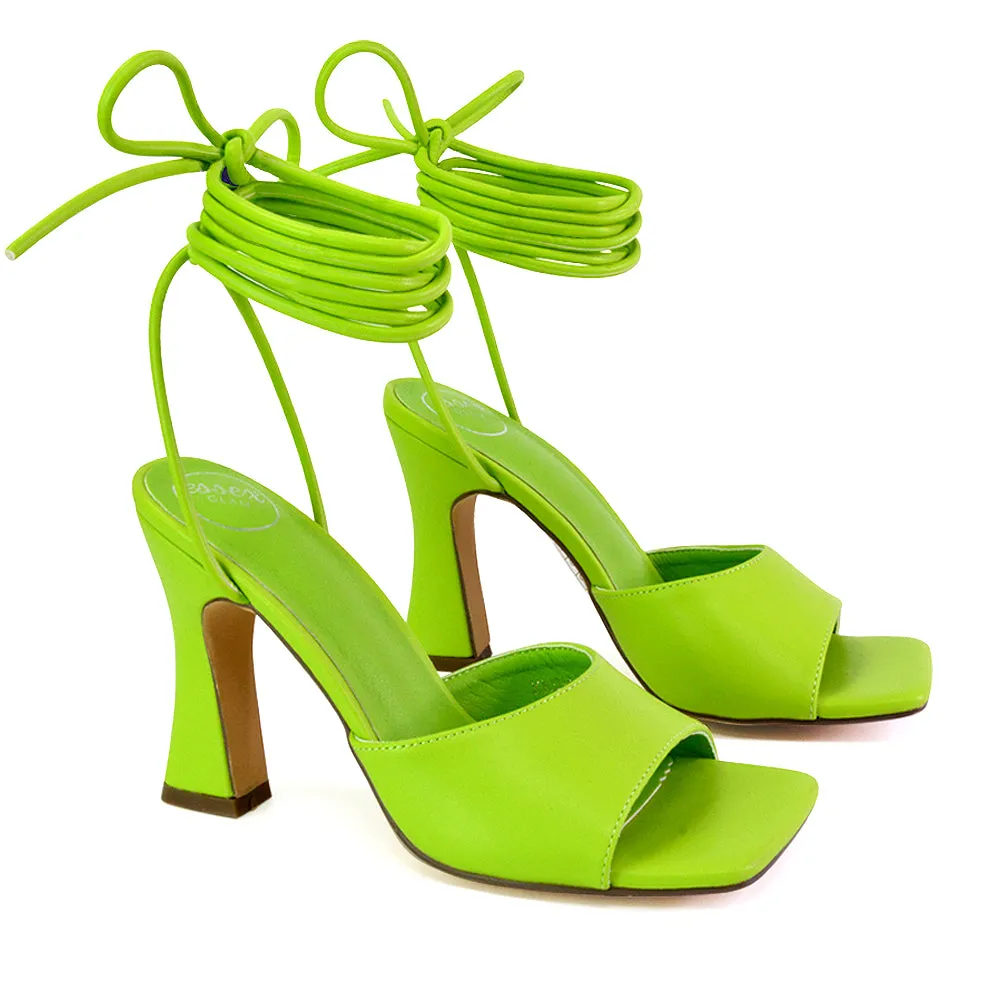 Flora Strappy Lace Up Block High Heels With a Square Toe in White