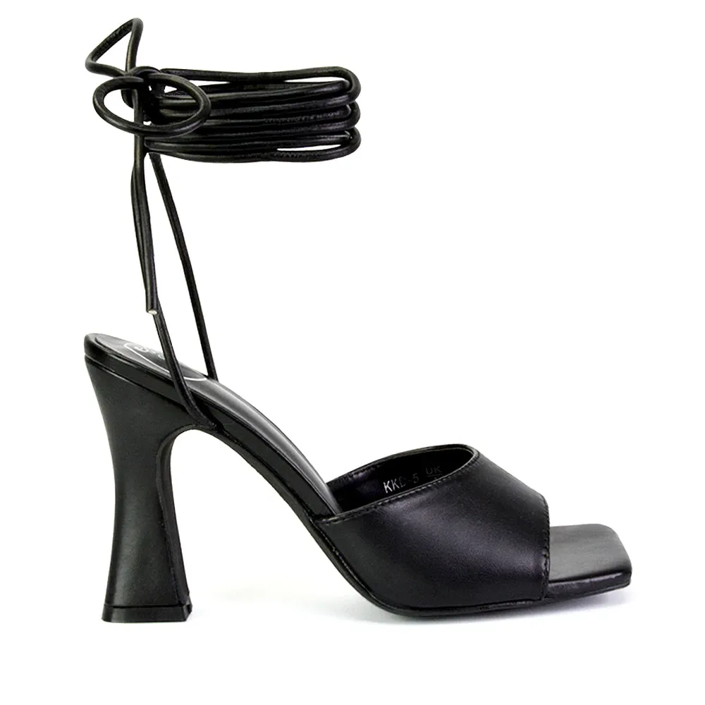Flora Strappy Lace Up Block High Heels With a Square Toe in White
