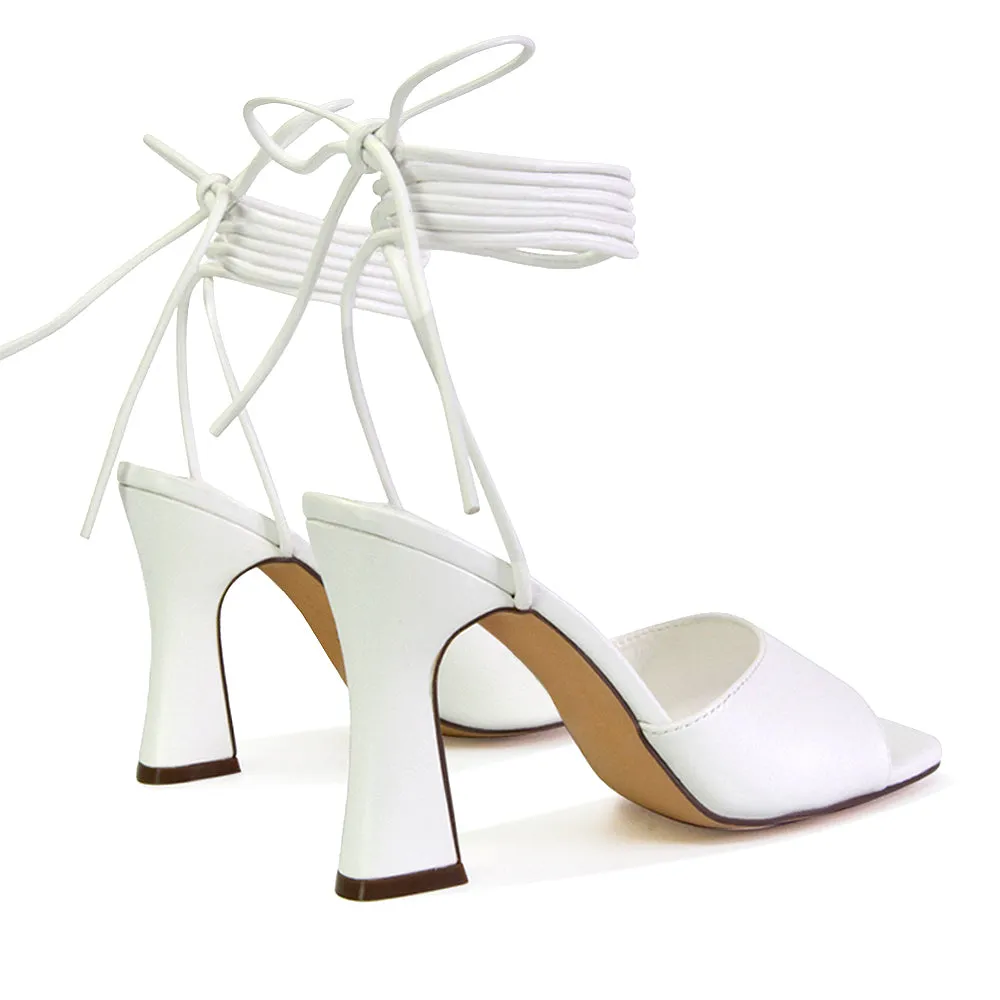 Flora Strappy Lace Up Block High Heels With a Square Toe in White