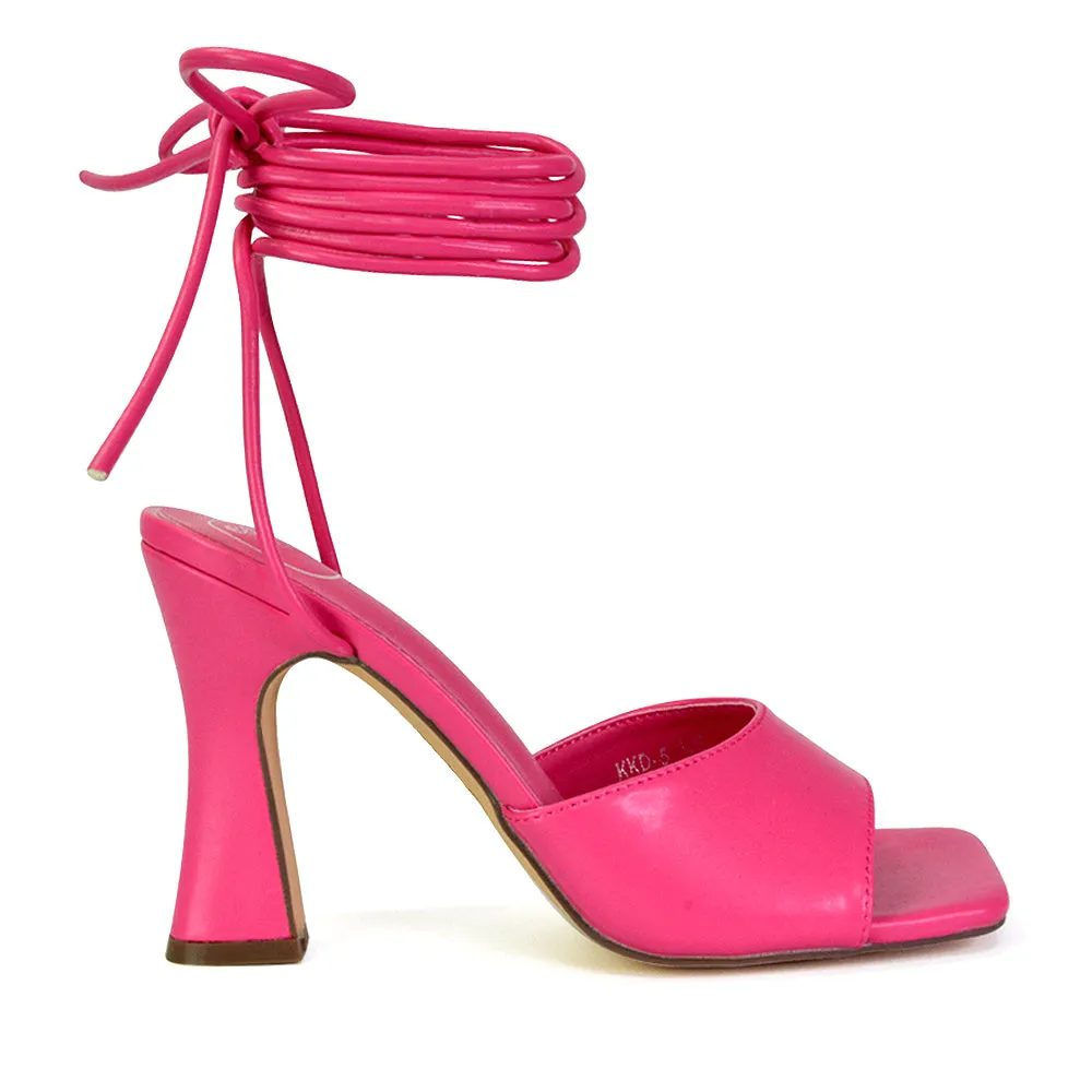 Flora Strappy Lace Up Block High Heels With a Square Toe in White